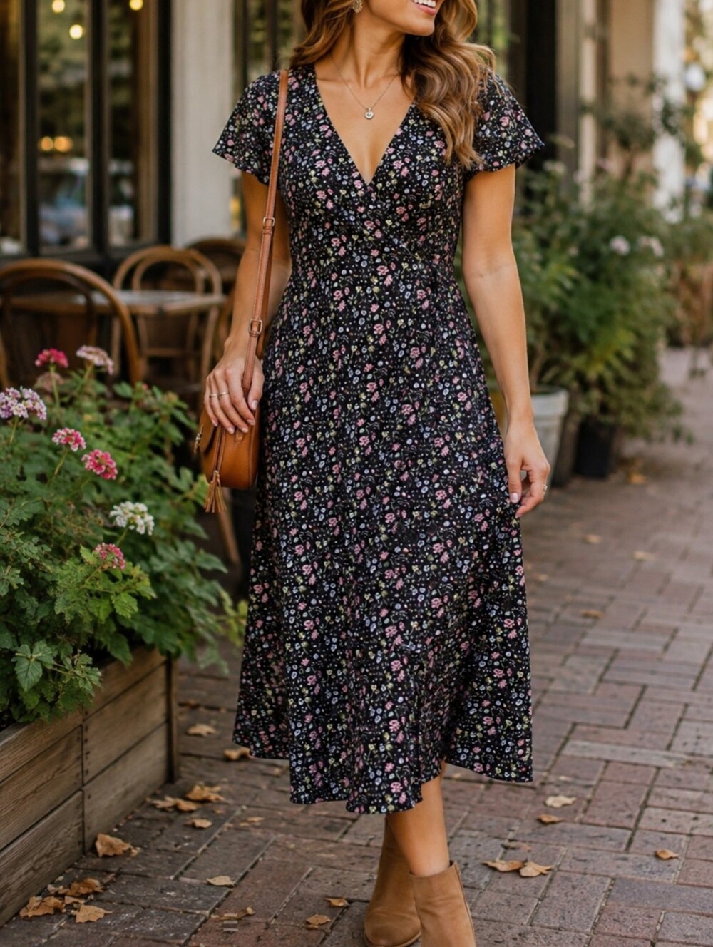 LOFT Black Pink Floral Wrap Style V-Neck Midi Dress Cottagecore Romantic